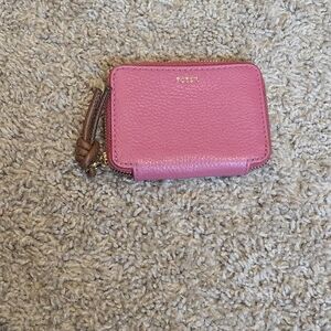 Fossil Pink Pebbled Leather Zip Card Wallet with Brown Tassel